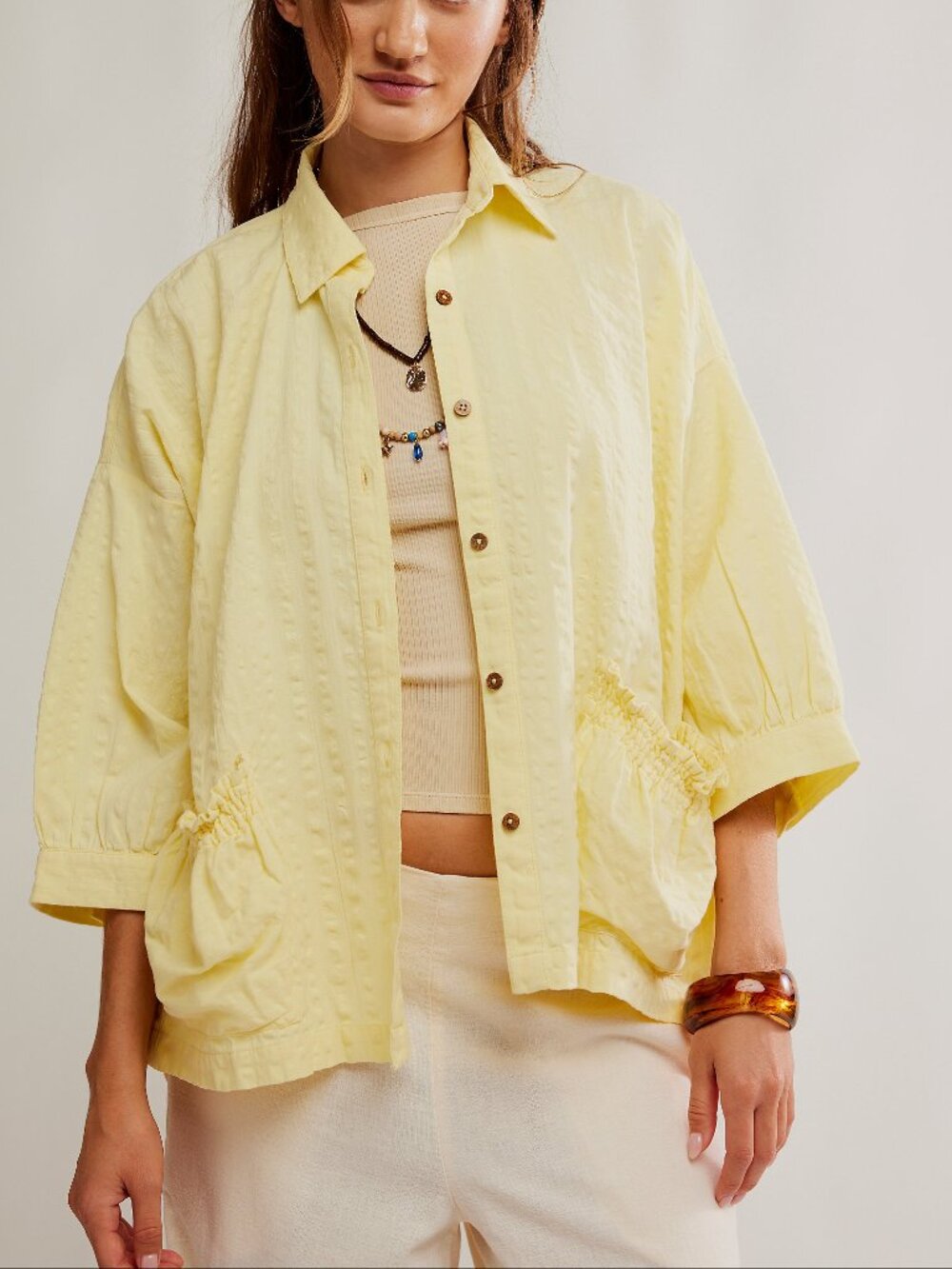 FREE PEOPLE Just Like Me Seersucker Shirt / Banana Cream